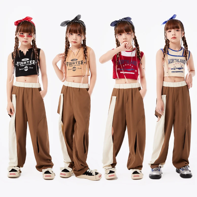 Girls Jazz Dance Clothes Summer Sleeveless Tops Brown Pants Hip Hop Kids Performance Costume Teen Group Ballroom Practice Wear