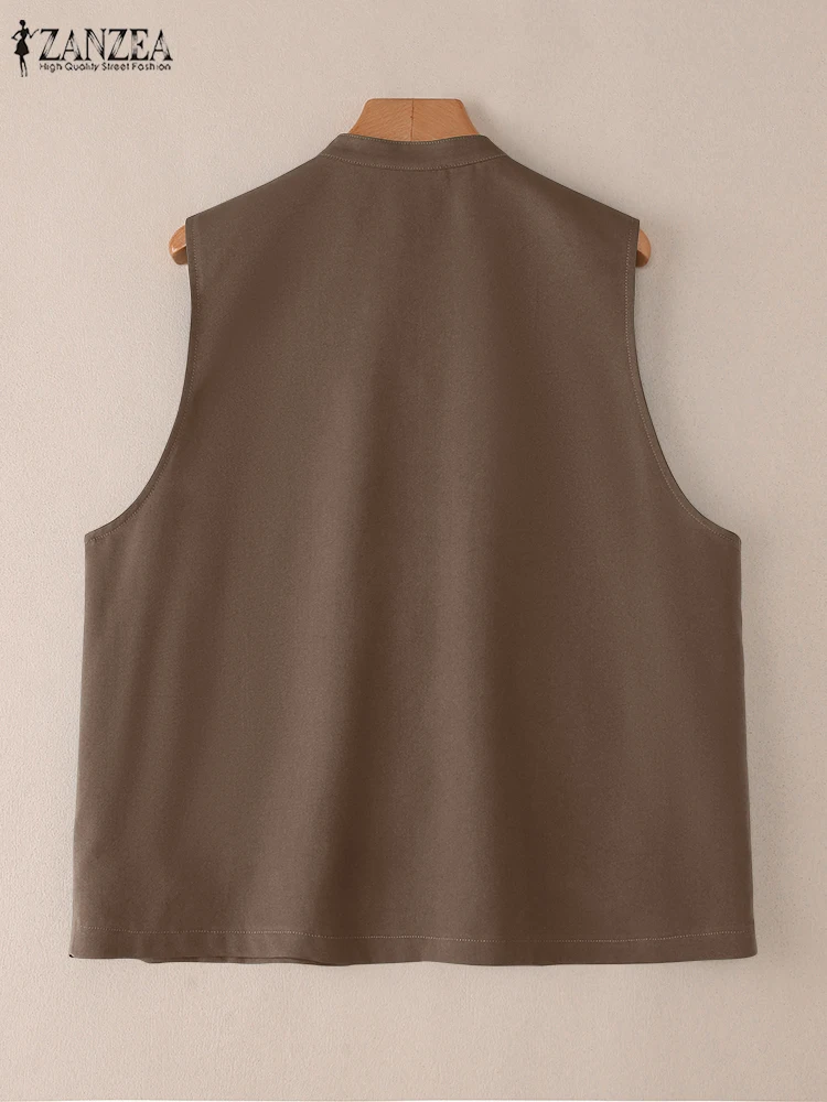 ZANZEA 2025 chalecos de gran tamaño para mujer Casual Color sólido cuello redondo abotonada bolsillos delanteros prendas de vestir exteriores sin mangas moda de otoño 3XL