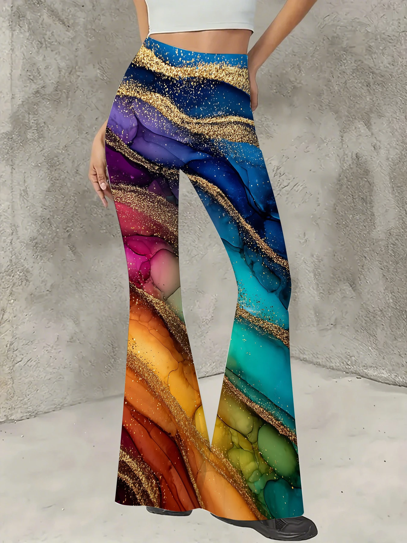 

Women's Print Flare Pants Casual High Waist Knit Bell Bottom Trousers Boho