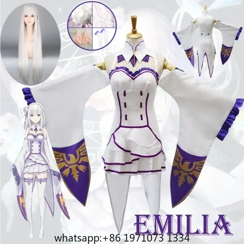 Re Zero Kara Hajimeru Isekai Seikatsu Emilia Cosplay Costumes Cloak Wig Women Dress with Headdress for Halloween Party Carnival