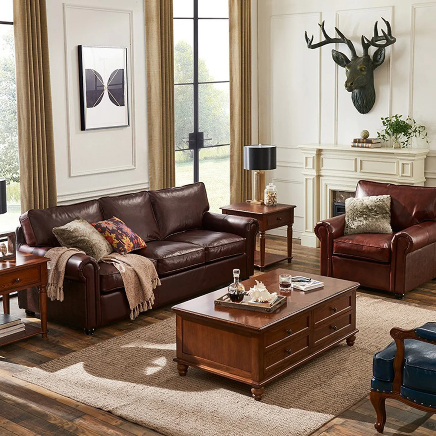American style, leather sofa, first layer cowhide, hotel, high-end, retro, living room, light luxury, furniture, clubhouse