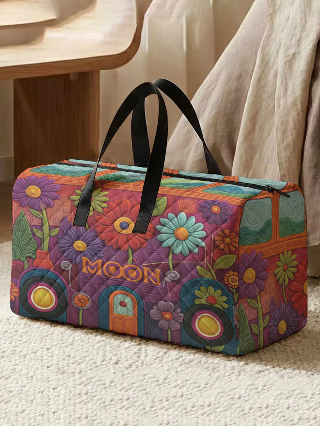 1pc, Two styles, Colorful Floral Moon Vintage Bus Printed Duffle Bag Portable Handbag suitable for Weekend Trip Sports Shopping