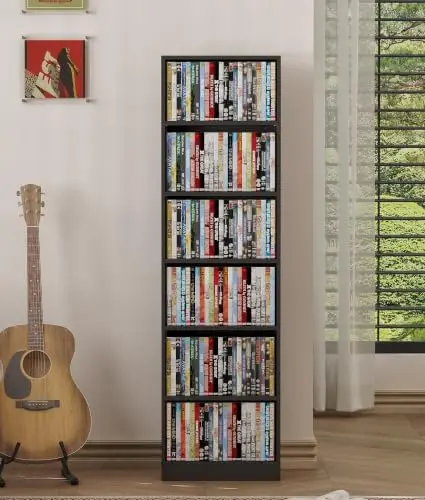 6 Tier DVD Storage Shelf, Media Cabinet with Adjustable Shelves, Walnut | Freestanding Cabinet for Living Room Home