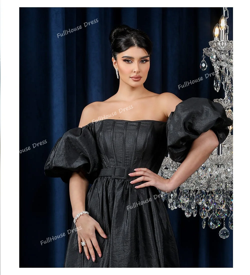 Custom Made Bridal Boat Collar Pleated A-line Side Slit Belt Evening Dress Short Puff Sleeve Backless Party Dress with Train