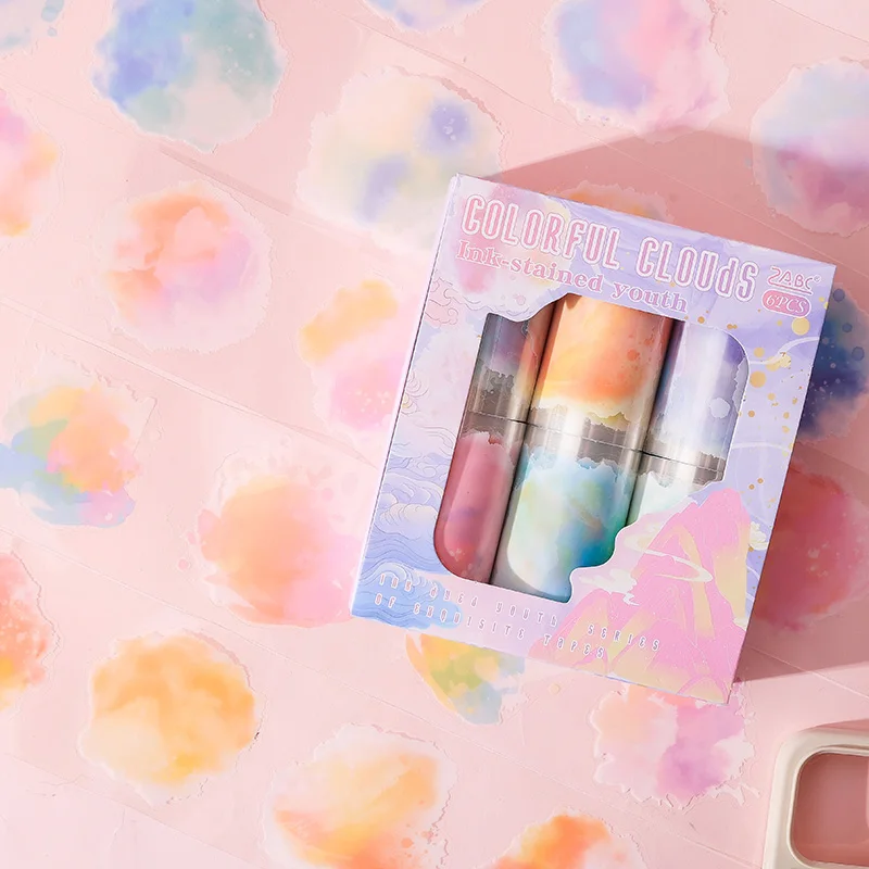 Juego de cintas Washi de PET de acuarela, cinta adhesiva decorativa básica, suministros para diario, papelería, álbum de recortes, cintas adhesivas bonitas, 6 uds.