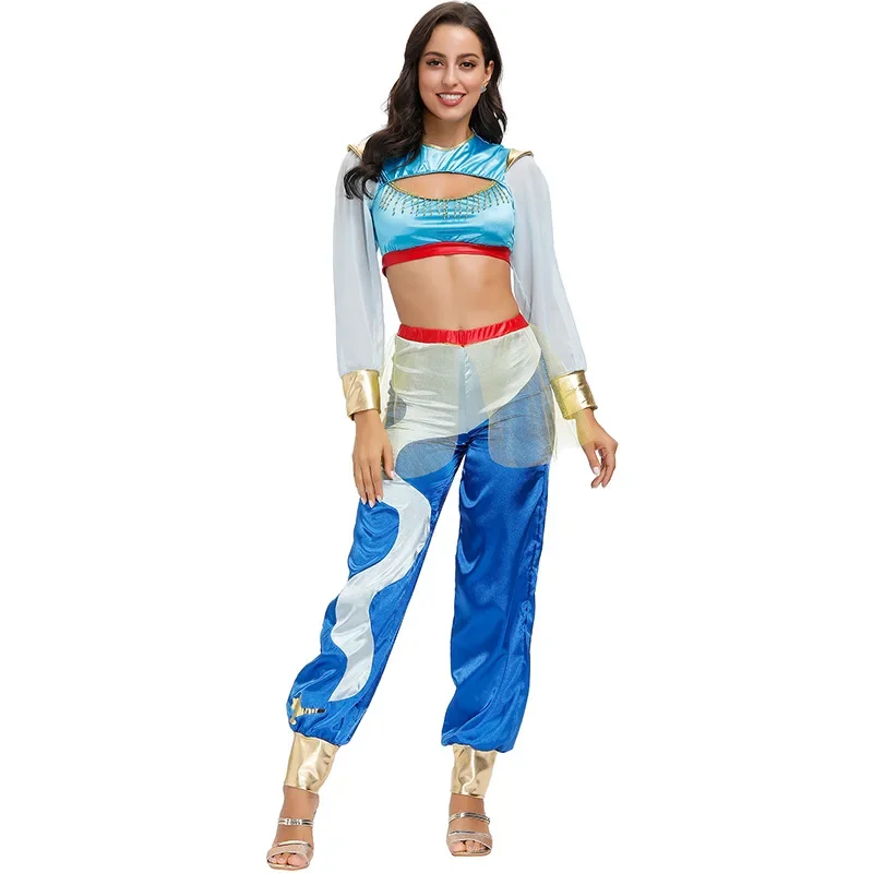 

Adult Women Fairy Tales The Arabian Nights Princess Belly Dance Top Pants Set Halloween Cosplay Costumes Role Play Outfit