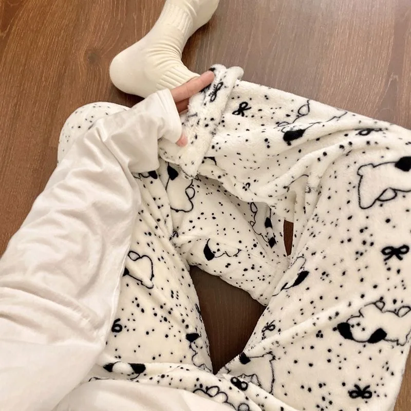 Black Cat Cartoon Pajamas Pants Kawaii Christmas PJS Korean Women Winter Warm Fluffy Flannel Sleepwear Girls Cute PJ Pants