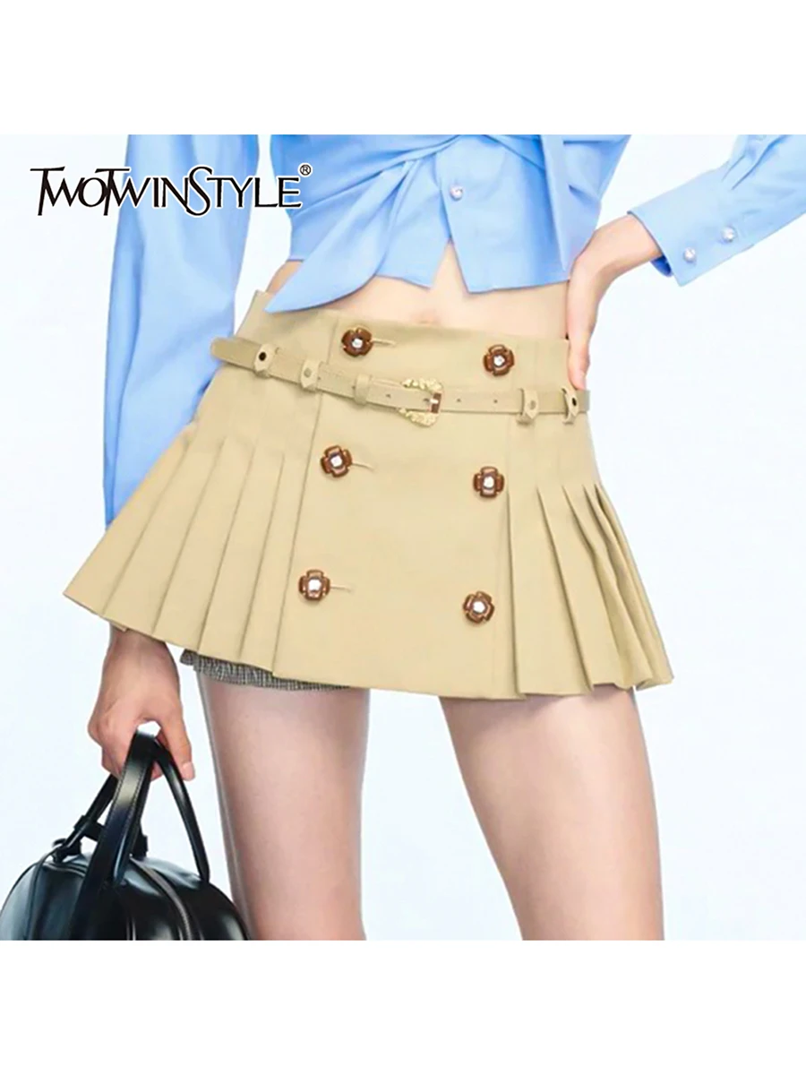 

TWOTWINSTYLE элегантные двубортные мини-юбки для женщин с высокой талией в стиле пэчворк, модная юбка со складками, женская одежда, новинка