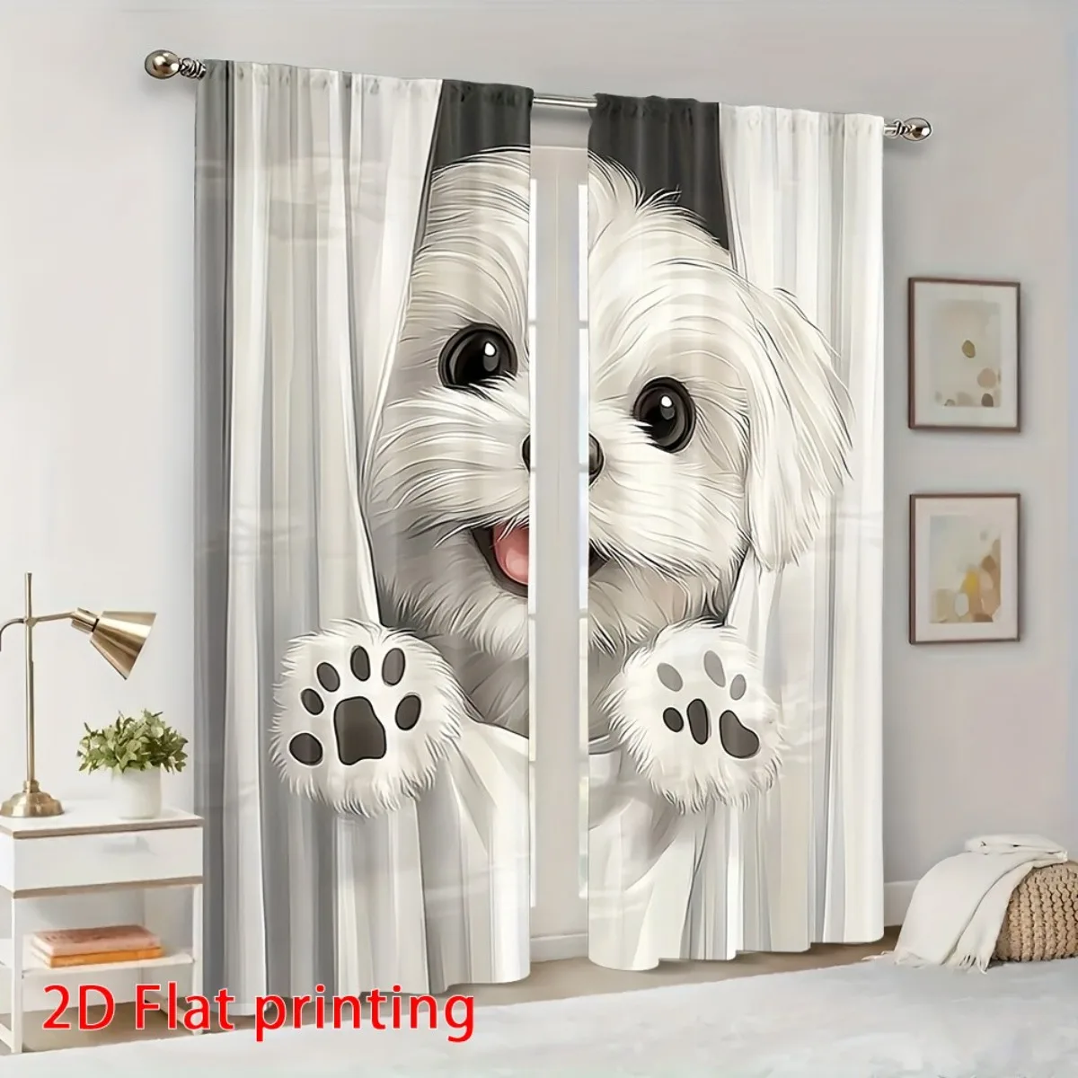 Peeking Fluffy Dog Window Curtains 2 Panels, Cartoon White Maltese Puppy Paw Soft Grey Striped Vivid Print for Girl Room Curtain