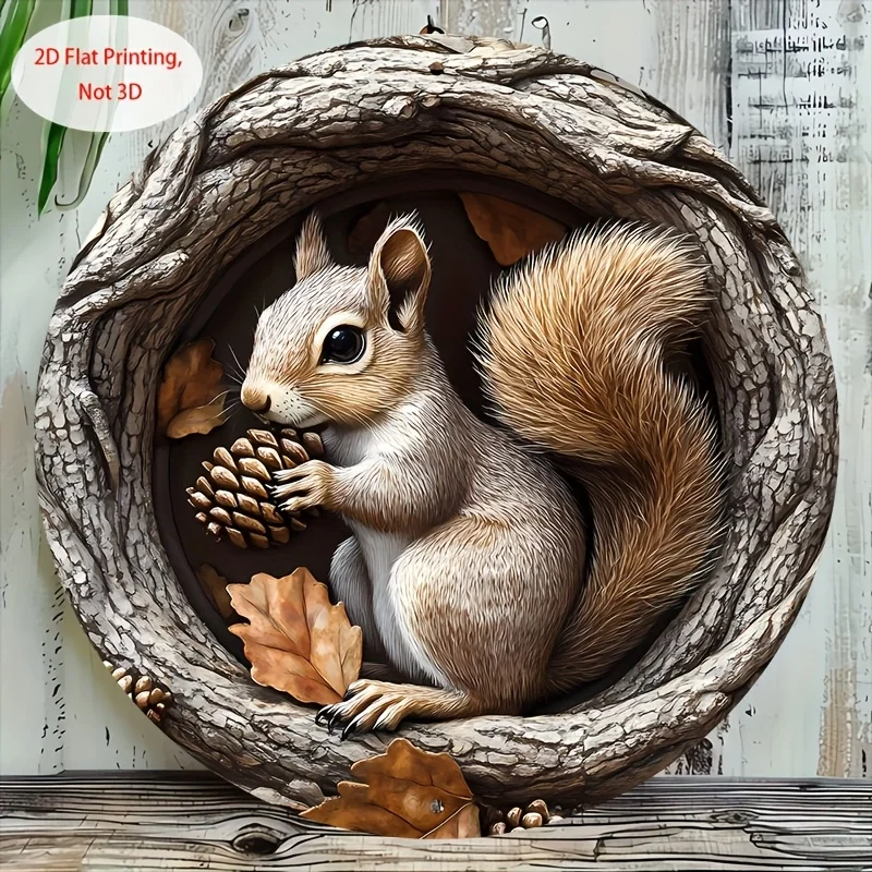 2D Flat, 2D Flat Printing, 20.32X20.32cm Round Wall Art - Vintage Metal Sign Featuring a Squirrel in a Tree Hole, with Autumn Le