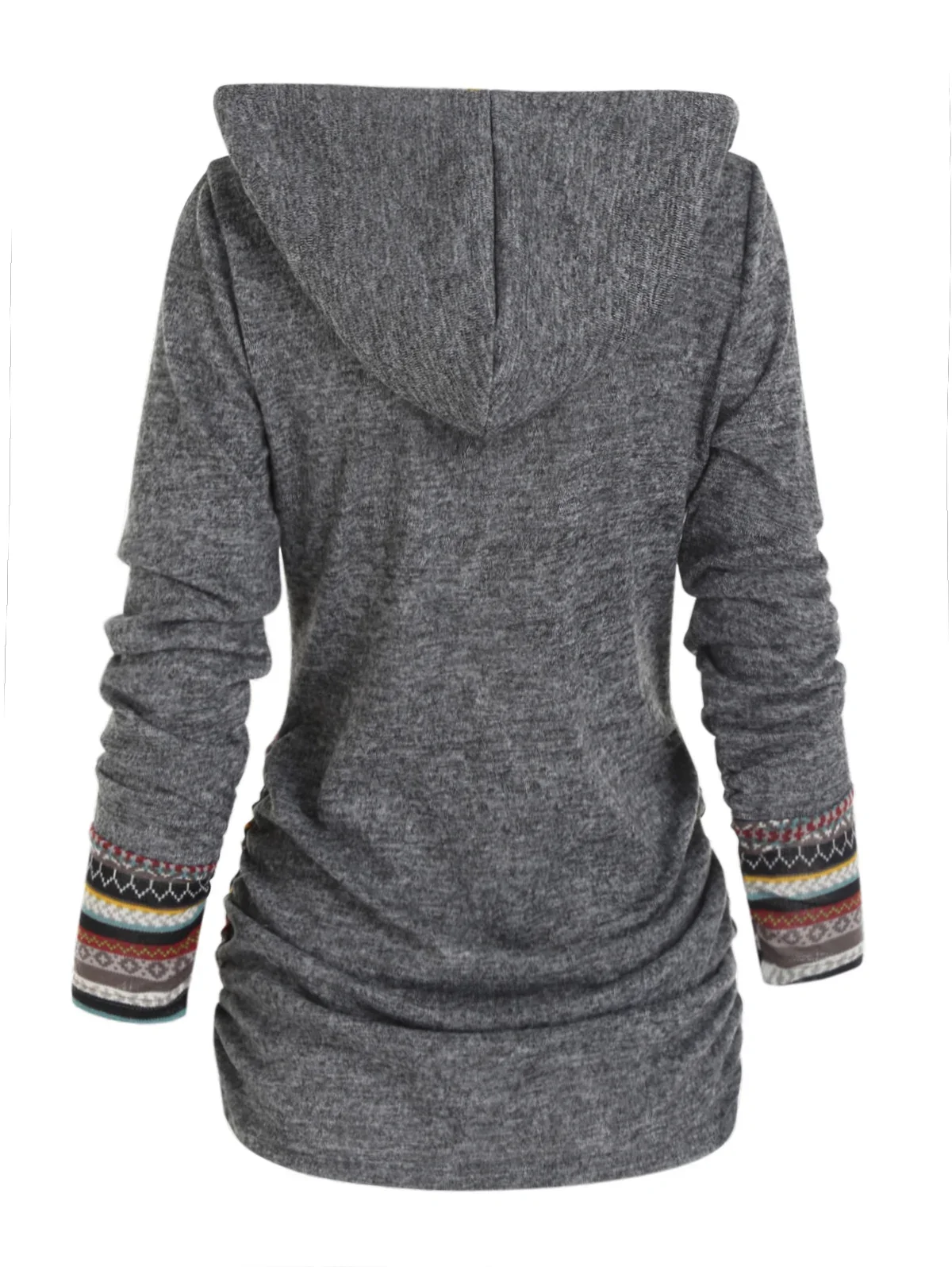 Tribal Geometric Stripe Panel Hooded Knit Top Long Sleeve Mock Button Knitted Women Casual Ethnic Top With Hood