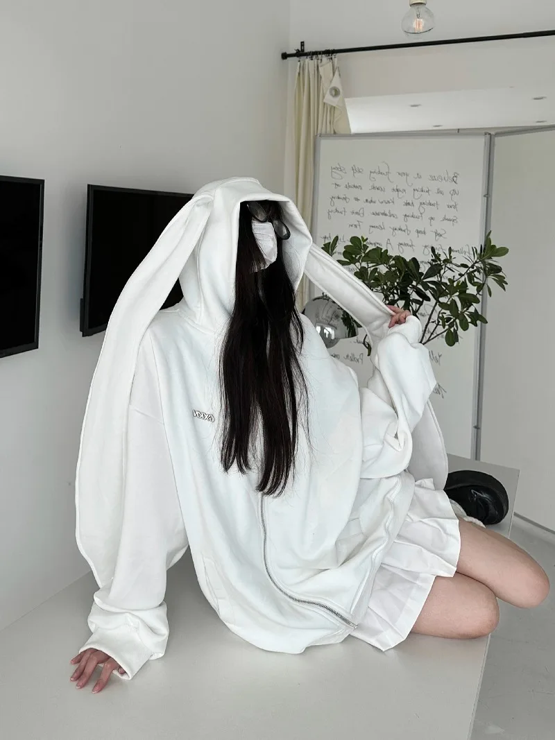 Rabbit Ear Hooded Sweatshirt Women High Street Korean Y2K Clothes Zip Up Hoodies Vintage Long Sleeve Oversized Jackets Coats