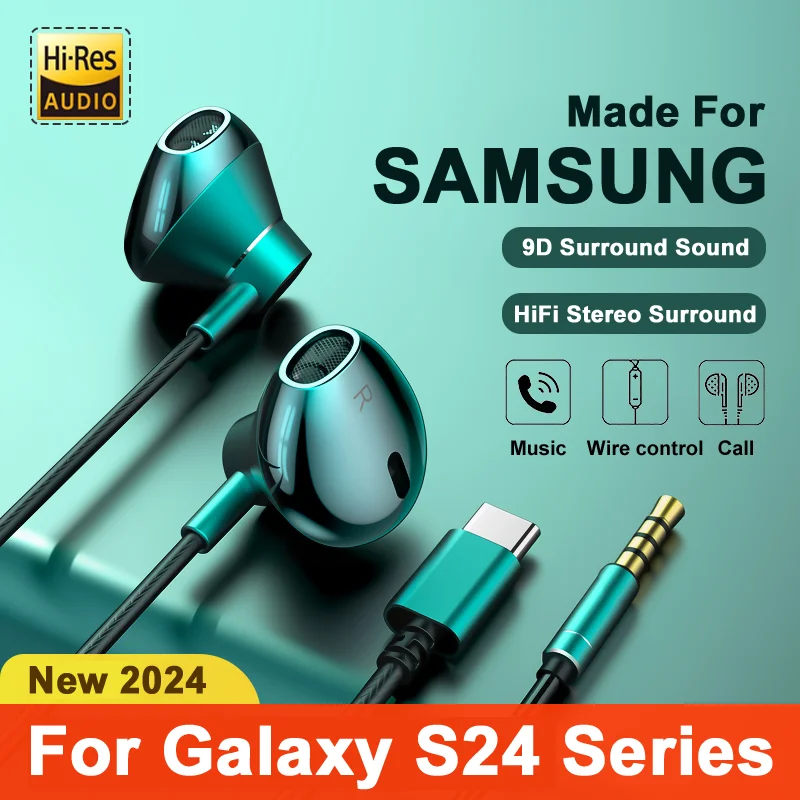 For Samsung Headphones HiFi Bass Stereo Volume Control With Mic USB Type C 3.5mm Wired Eadphone For Galaxy S24 S23 S22 S21 Ultra