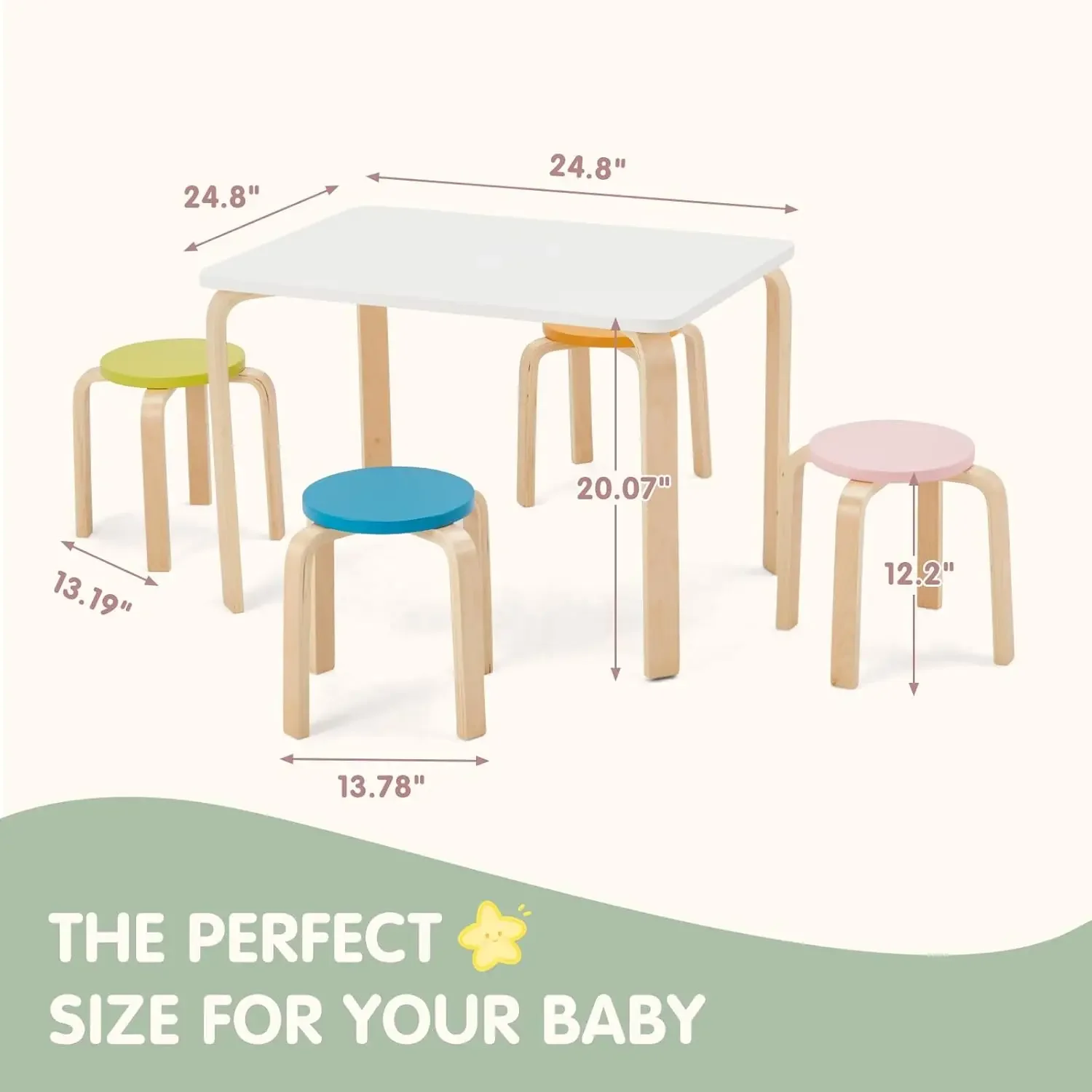 Stool Set - Toddler Table and Chair Set, White, Wooden Play Set for Children, 4 Stacking Stools, Sturdy Birch & Poplar Construct