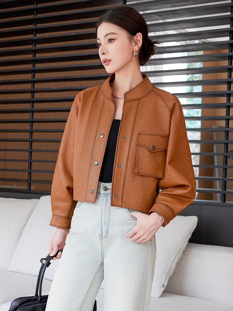 Women Natural Sheepskin Stand Collar Short Jacket Single Breasted Brown Batwing Sleeve Genuine Leather Coat Motorcycle Jackets