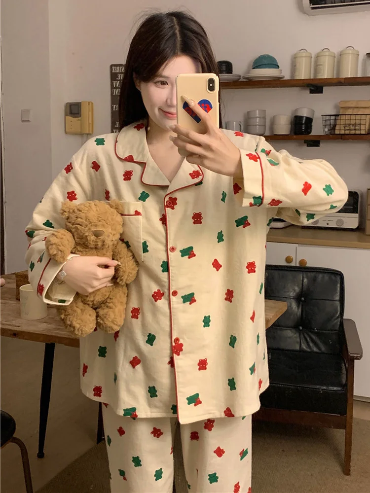 

New Home Print Cartoon Cotton Winter Simple Korean Long Sleeve Pajama Set Women Loose Elegant Casual Comfortable Sleepwear Ins