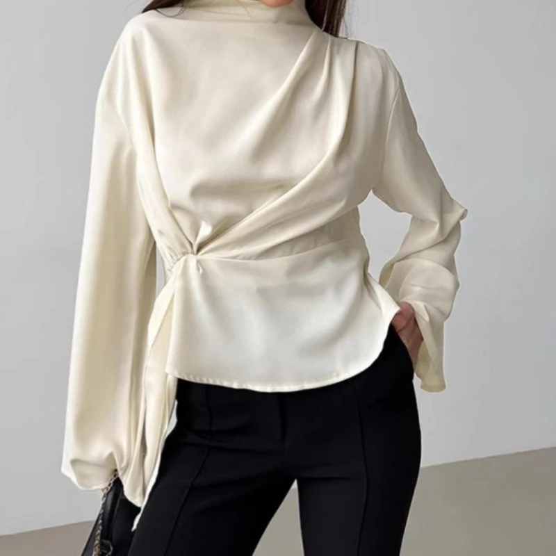 

French Small Stand-up Collar Chiffon Flared Sleeve Pleated Slit Shirt 2025 New Fashion Top