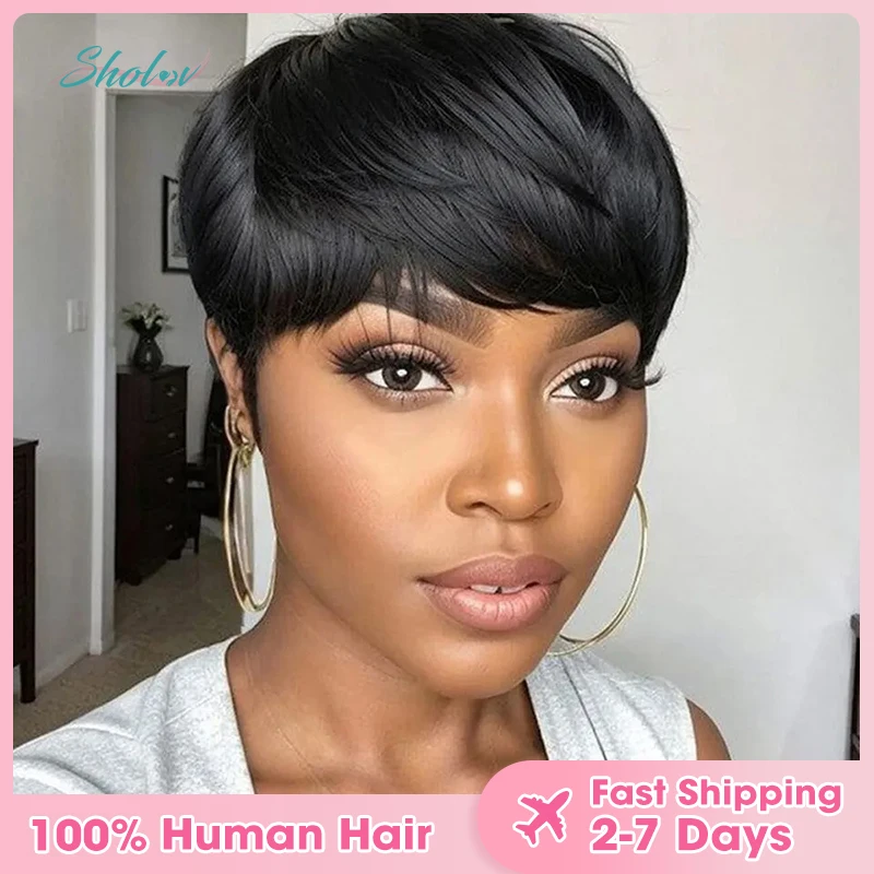 Pixie Cut curto cabelo humano perucas para mulheres negras, máquina feita com Bangs, cabelo real, 1B #, 6"