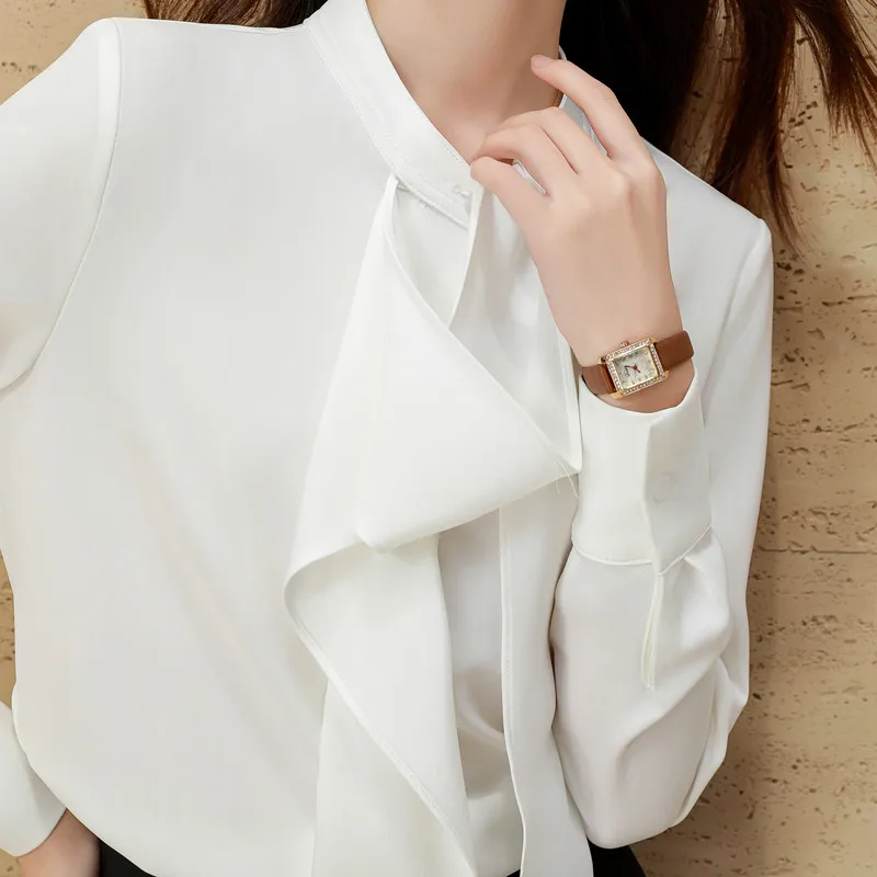 NAVIU Chic Fashion Bibbon Design Long Sleeve Blouses Women Elegant Office Lady Chiffon Shirts Basic Tops Blusas Mujer De Moda