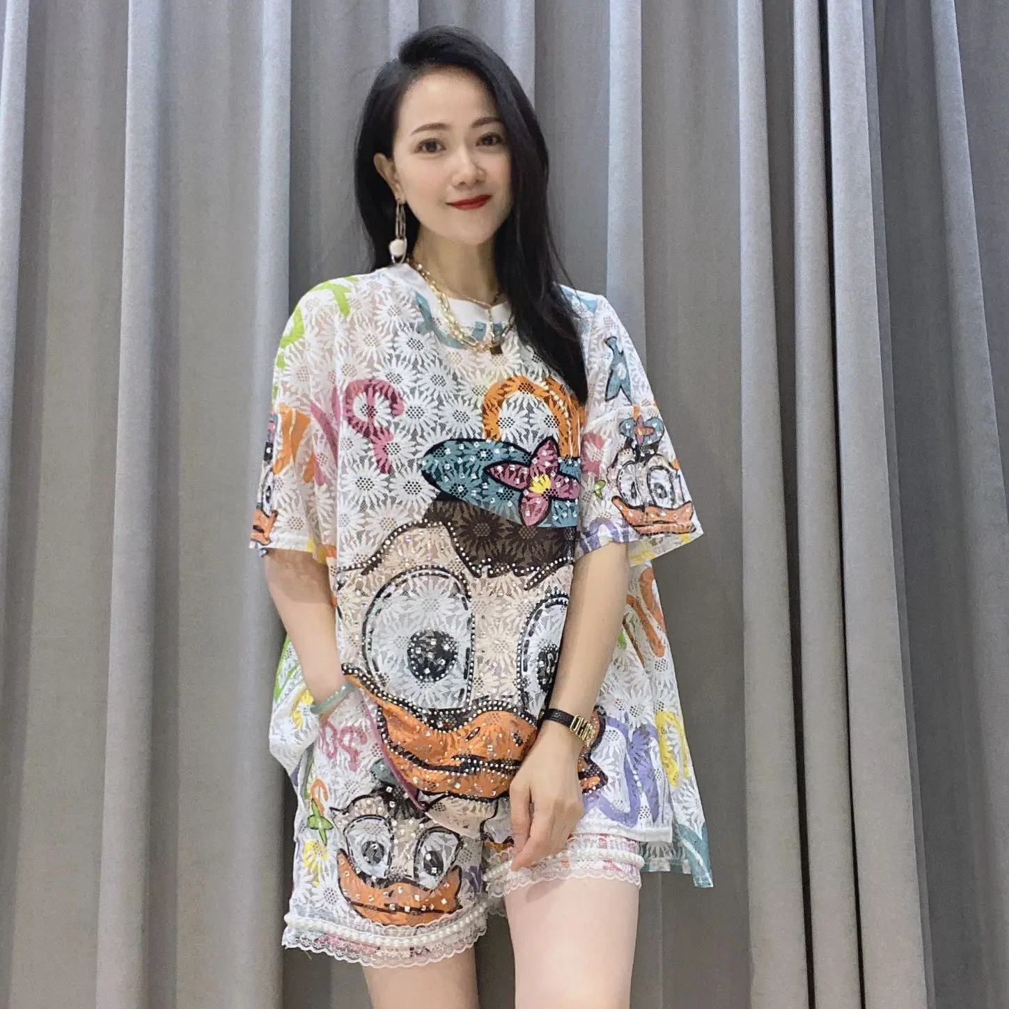 2023 Summer Clothing for Women Two Piece Sets Loose Cartoon Diamonds Tracksuit Perspective Lace Casual Knitting Tops and Shorts