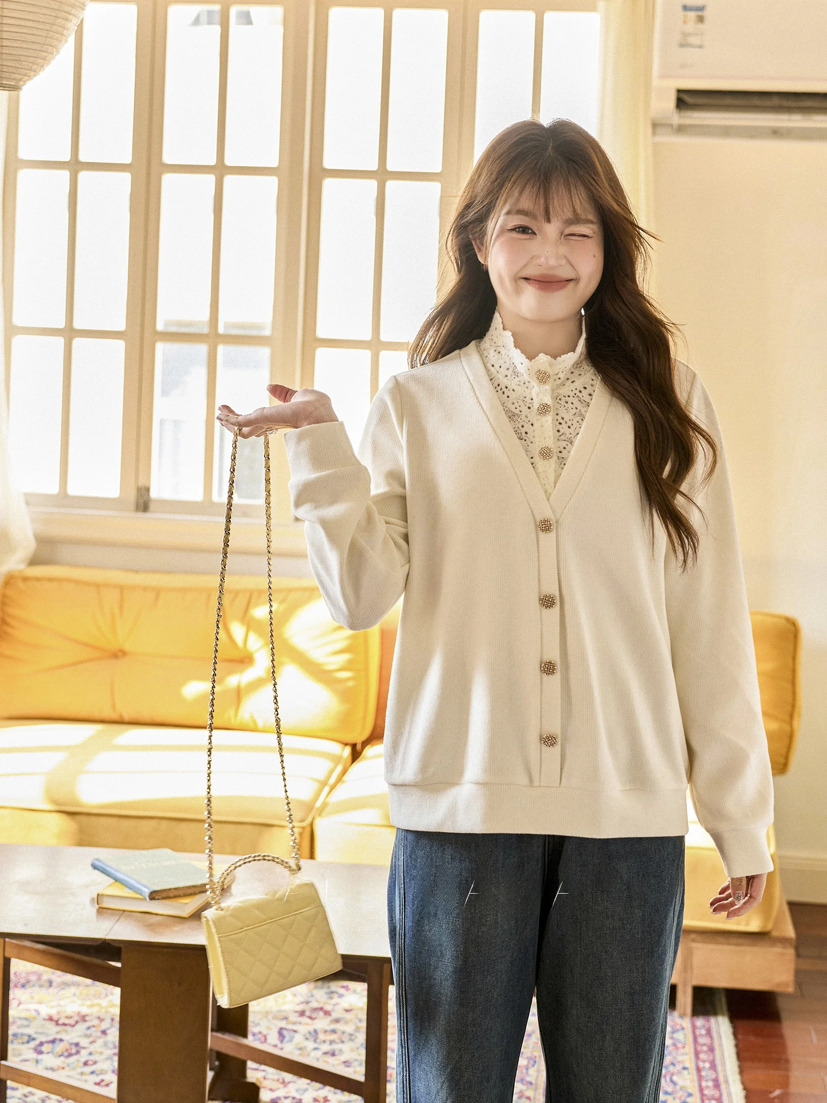 

Slimming Illusory Two-Piece Knitted Top Women's Faion Winter High Ne Long Sve Casual Loose Fit Thermal Polyester Blend