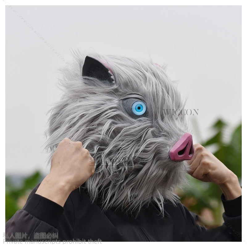 Anime Demon Hashibira Mask Cosplay Inosuke Latex Wild Boar Masks With Fur Helmet Halloween Costume Party Carnival Props Furry