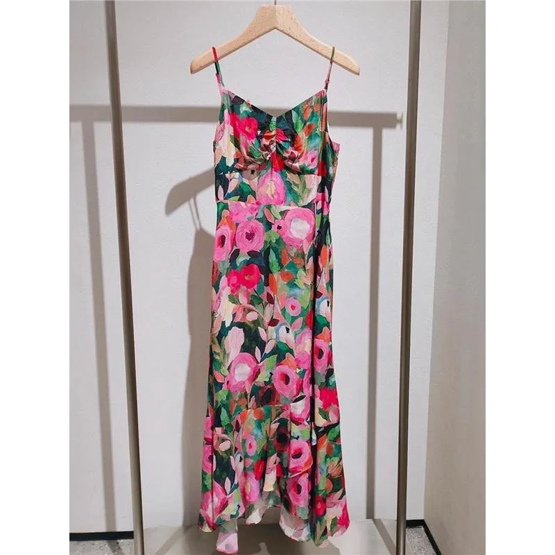 

Pink Printed Strapless Mermaid Dress for Women2025Summer New Floral Slim Fit Brightening Irregular Long Dress
