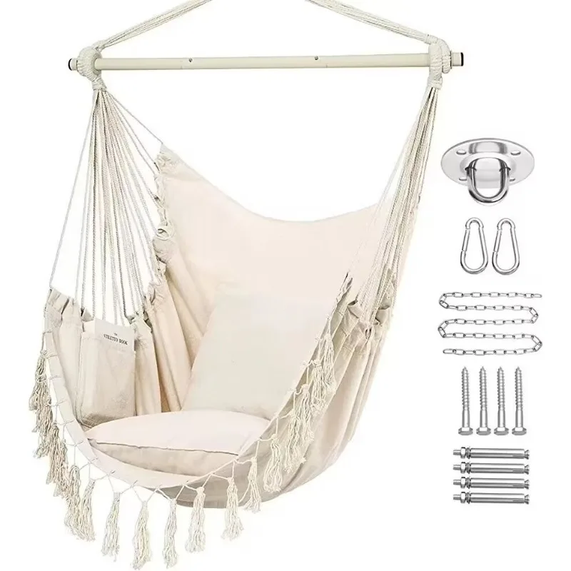 Silla Colgante Tipo Hamaca, 2 Cojines Incluidos, Silla Colgante Grande de Macramé con Bolsillo para Mayor Comodidad, con Kit de Herrajes