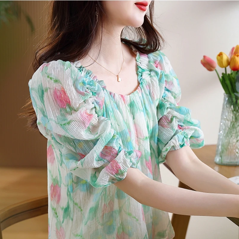 2024 Summer New Product Square Collar Fragmented Chiffon Sweetheart Girl Loose Doll Shirt Bubble Sleeves Short Sleeved Girl\'s To