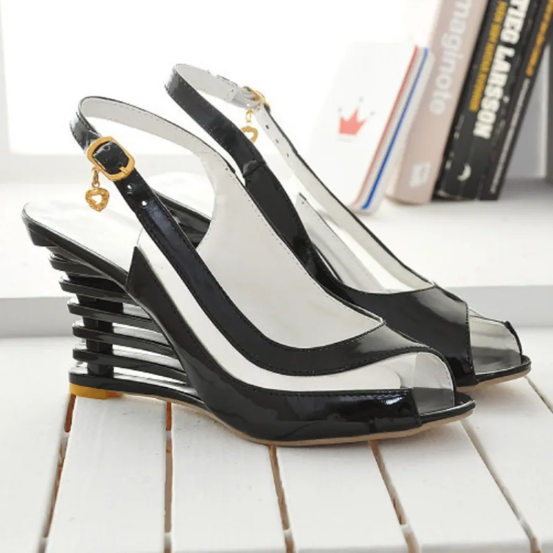 Fashion Hollow Wedged Women's Sandals Through Bright Leather Women's High Heels Foreign Trade Large Size 34-43 Fish Mouth Shoes