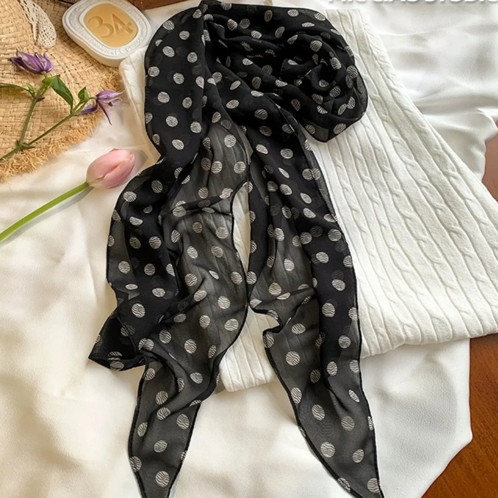 Vintage-Chiffon-Schal mit Polka-Dot-Muster für Damen, leichter, transparenter Halstuch, elegantes Modeaccessoire für den täglichen Gebrauch im Sommer und für Outfits – Detail 6