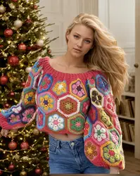 YENKYE Women Boho Multicolor Plaid Floral Handmade Crochet Crop Sweater Vintage Lantern Sleeve Loose Holiday Pullover Tops