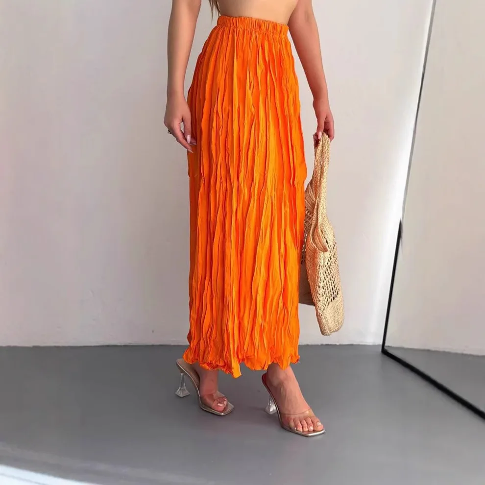 Half length skirt 2025 new women's loose and slimming dress flowing and hanging, wrinkled half length skirt