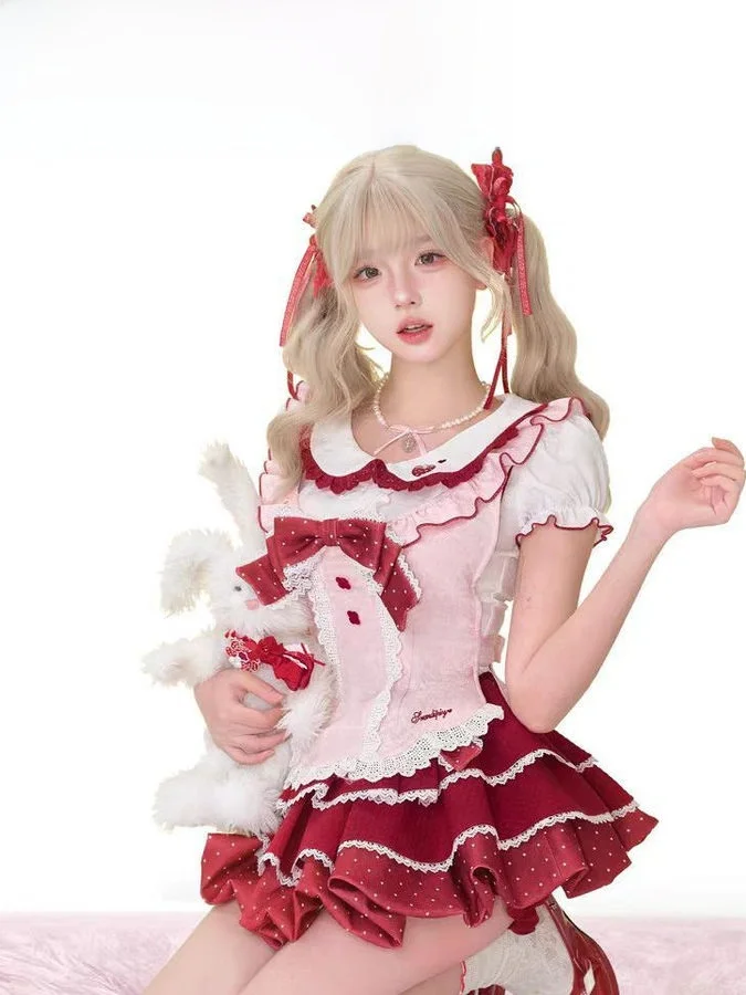 Summer New Sweet Polka Dot  Knot Lace Ne Apron Doll Collar Top Overalls Tee Piece Set for Young Women Teenagers