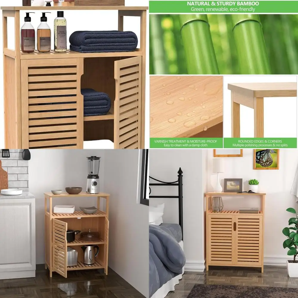 

Freestanding Bamboo Cabinet with 2 Doors for Bathroom, Living Room, Kitchen, and Entryway Storage