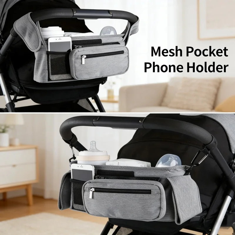 

Durable Oxford Cloth Organizer Bag Large Multi Compartment Storage Bag with Mesh Pocket Phone Holder Cup Slots for Stroller