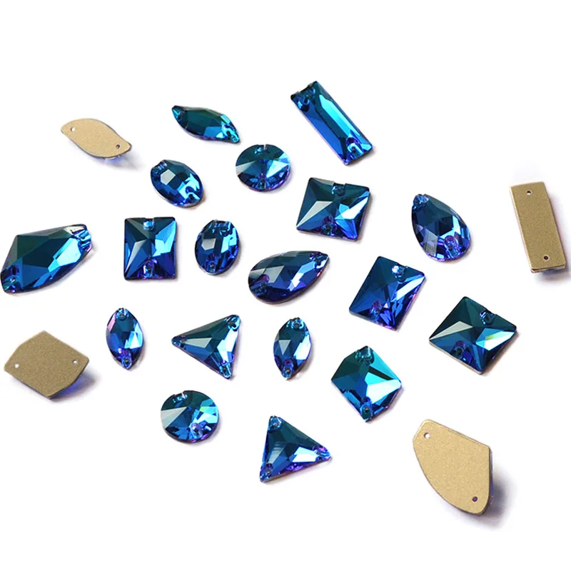 New Glass Crystal Shapes Blue Zircon Sew On Rhinestones Flatback Sewing Strass Rhinestone For Garment Dress Clothing