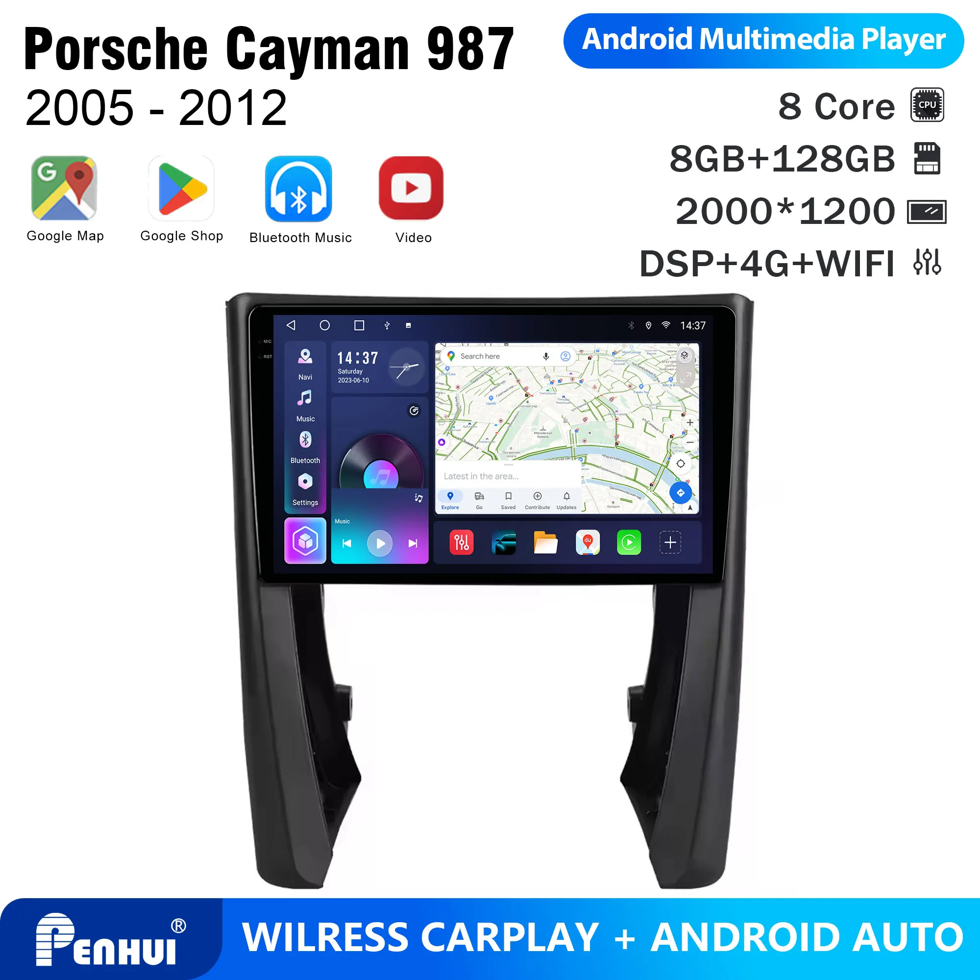 Penhui Android Car DVD Player 2 Din for Porsche Cayman 987 2005 - 2012 Multimedia Screen with DSP, Bluetooth, Audio & CarPlay