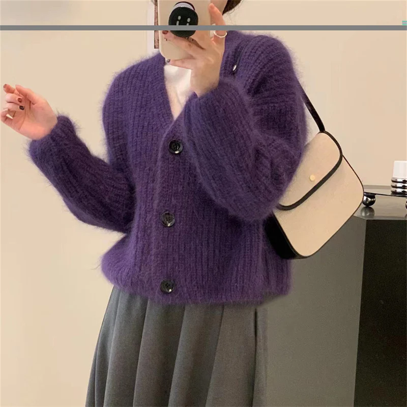 Dames Cropped Vest Trui Lente Herfst Straat Vintage Mohair Gebreide Trui Mode V-hals Puffer Trui Jas Vrouw