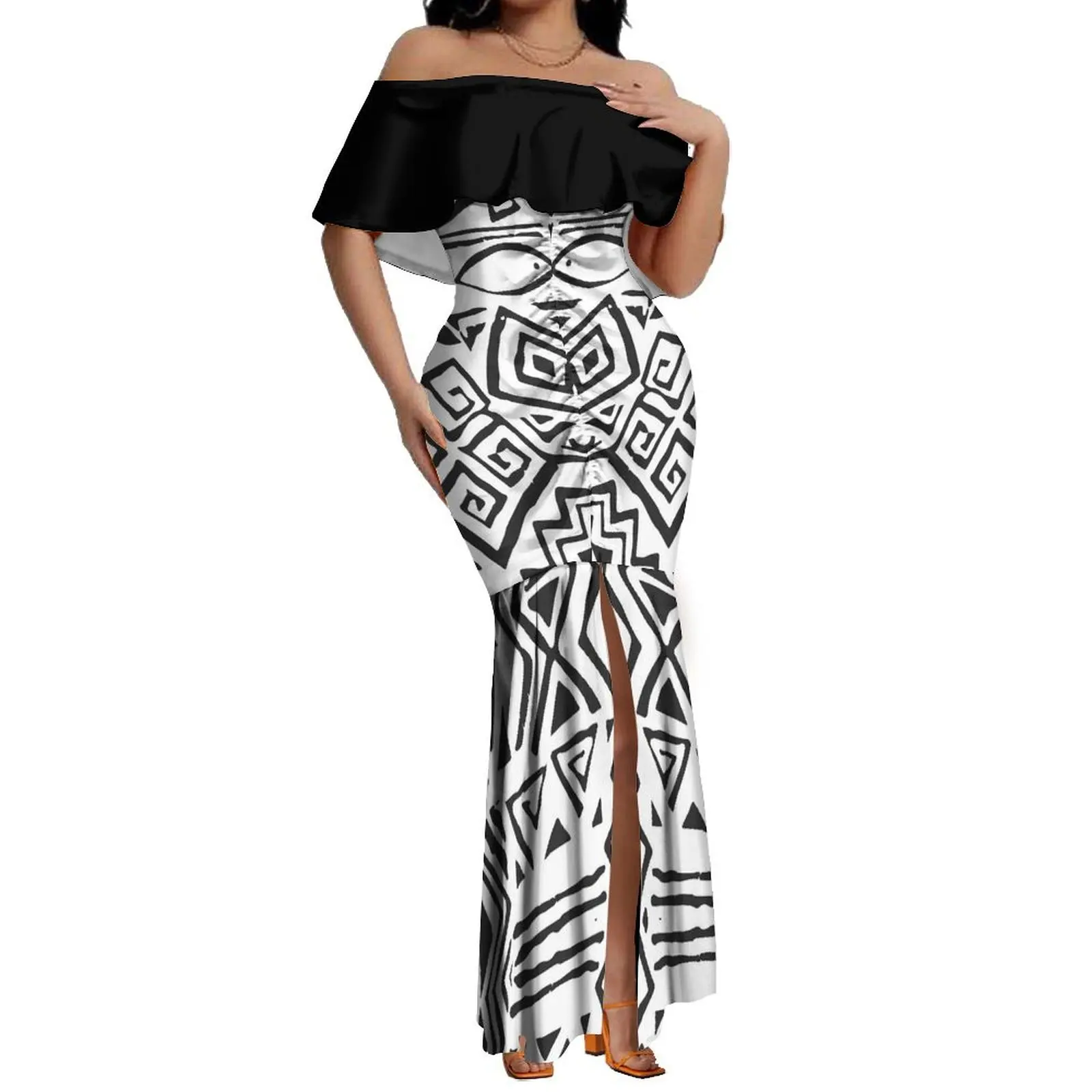 

2024 Summer Fashion Women'S Dress Hawaii Polynesian Tribe Design Print Women'S Party Party Mermaid Dress Slit Maxi Dress