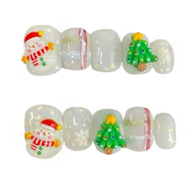 Christmas 10 Pieces Handmade Press On Nails Winter Hat Scarf Snowman Christmas Tree Short Wearable Removable Fake Nails