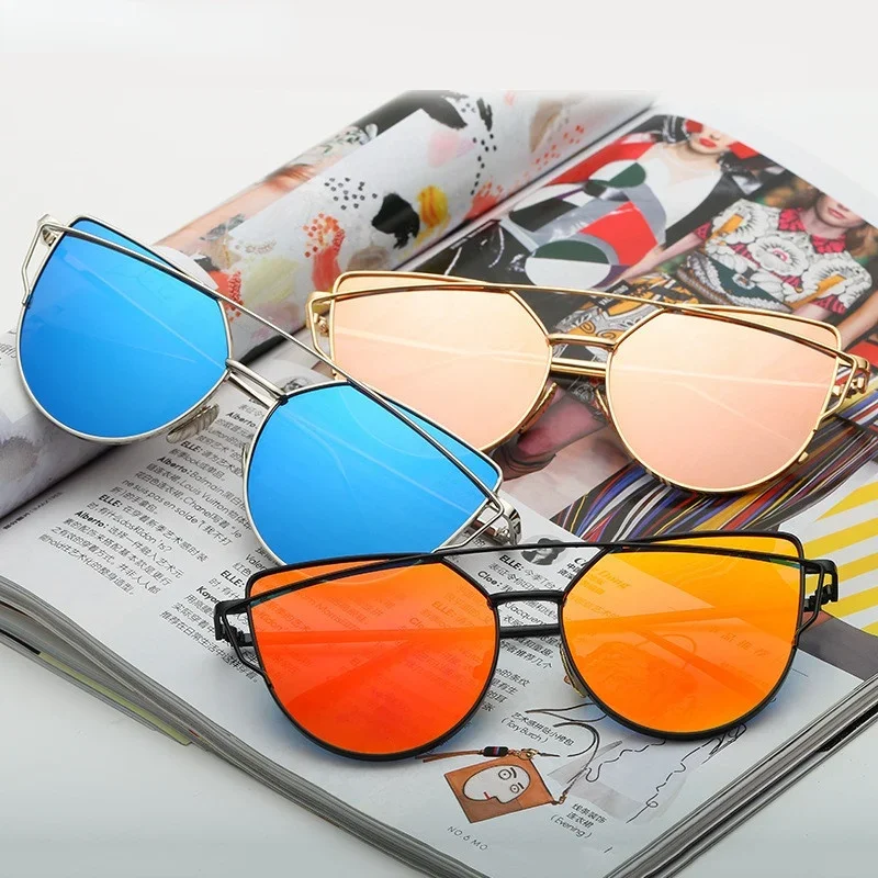 Metal Sunglasses Women Luxury Cat Eye Brand Design Mirror Rose Gold Vintage Cateye Fashion Sun Glasses Lady Eyewear