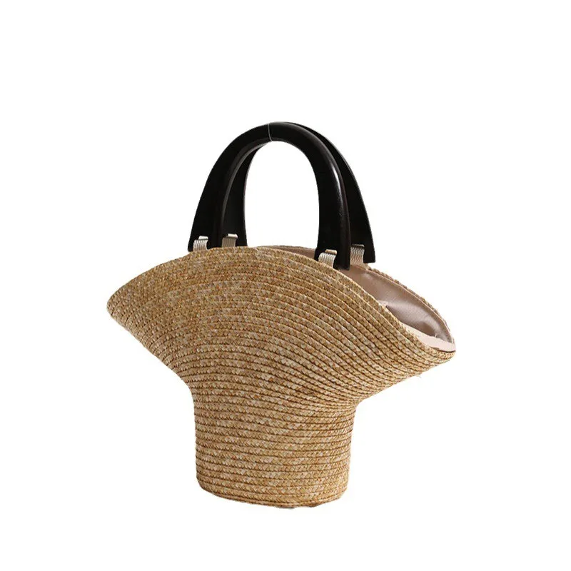 

Fashion Natural Straw Hat Shape Beach Wood Handle Lady Hand Bag Tote Travel Bohemian Cute Women Summer Basket Handbag Purse