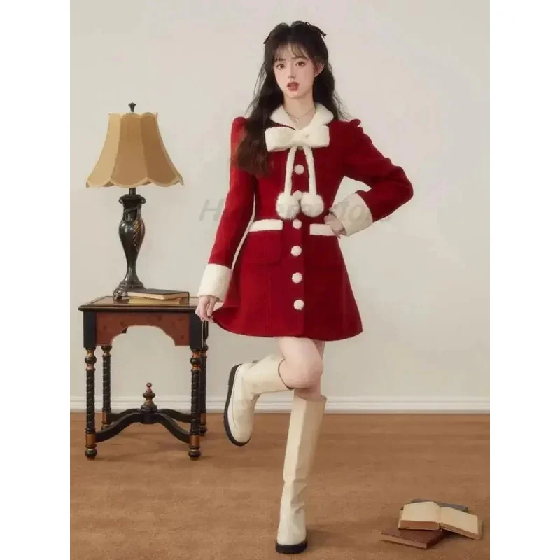 جديد 2025 فستان أحمر دافئ للشتاء والكريسماس للنساء بفيونكة محبوكة كورية كلاسيكية صغيرة حلوة بأكمام طويلة فستان فرنسي عتيق ☆ ★ ☆ ★ كيو أوم [8