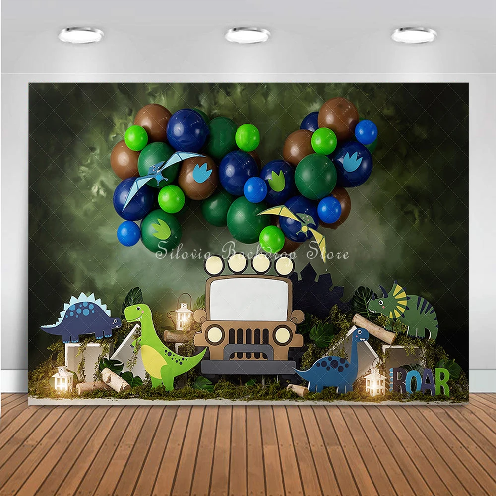 Fondo fotográfico de dinosaurio prehistórico para niños, accesorios de estudio fotográfico de jungla, cumpleaños, pastel, Smash, Globo Verde