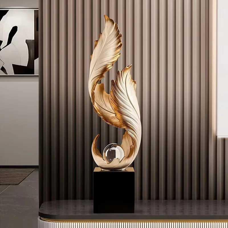 Dual Curved Leaf Sculpture Clear Round Sphere Inset Solid Dark Square Block Base Entryway Office Tabletop Decor Craft Two Tone