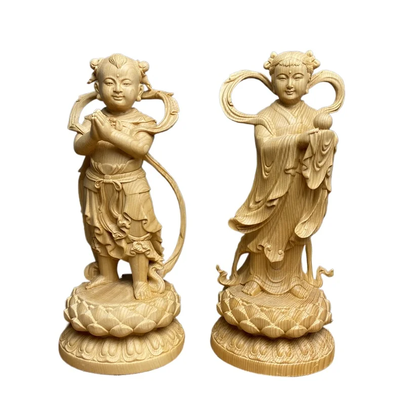 Hand Carved Hinoki Wood Golden Boy Jade Girl Statues Pair (Set of 2) - Spiritual Ornament Home Temple Decor Gift Collectible