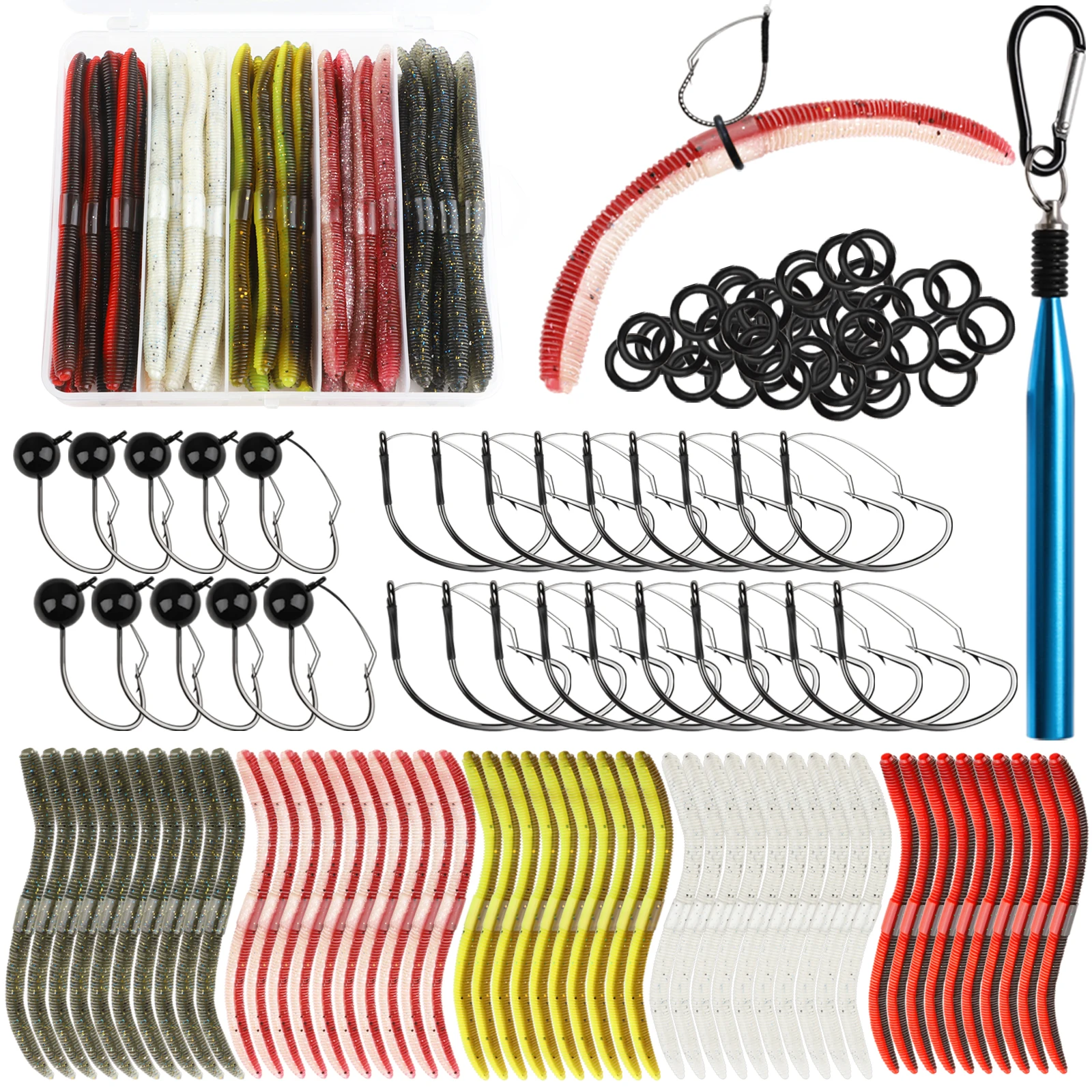 

131Pcs Wacky Worm Kit for Bass Trout Fishing - Soft Plastic Baits, Bass Hooks,Weedless Jig Head, Wacky Rig Tool, O-Rings