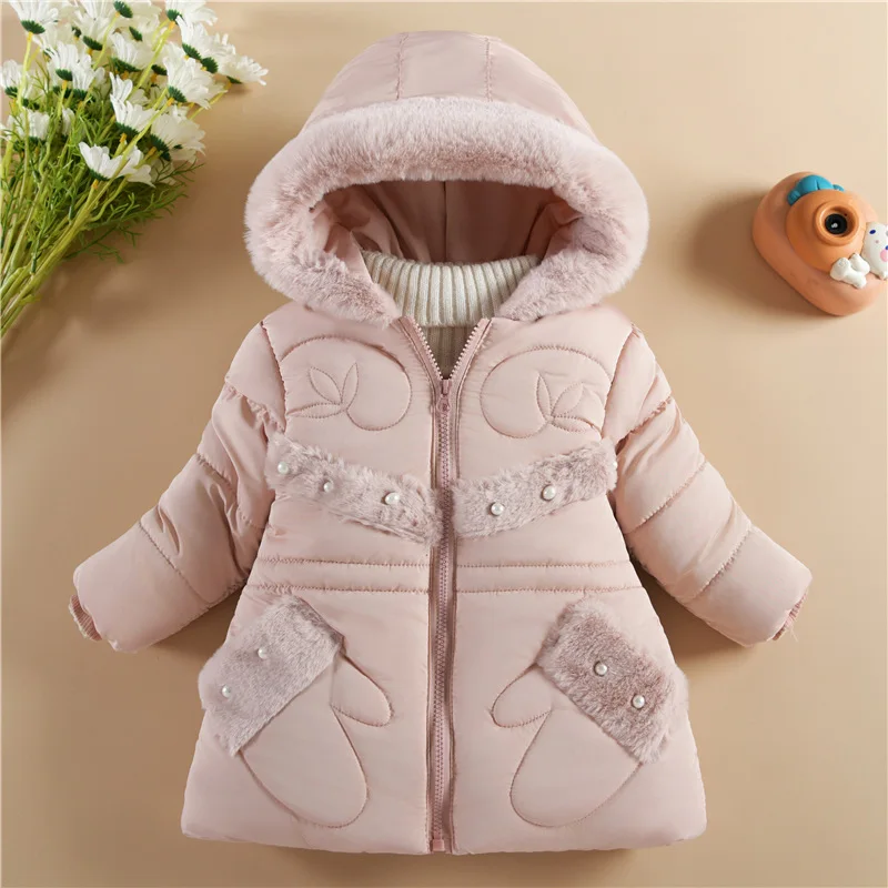 

2025 Girls Winter Parkas Hooded Jackets Keep Warm Pearl Decoration Plush Jackets Kids Casual Coats LongSleeve Children Outerwear