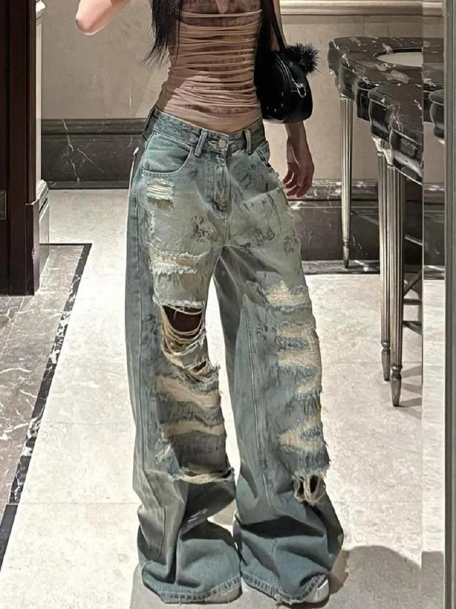 

American Retro Washing And Ripped Jeans Women Spring Summer New Street Straight Loose Slimming Wide-Leg Trousers